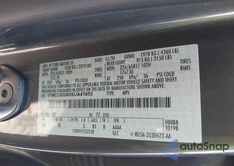 2025 Ford Escape Active z USA, uszkodzony, nr VIN 1FMCU0GN0SUA41853